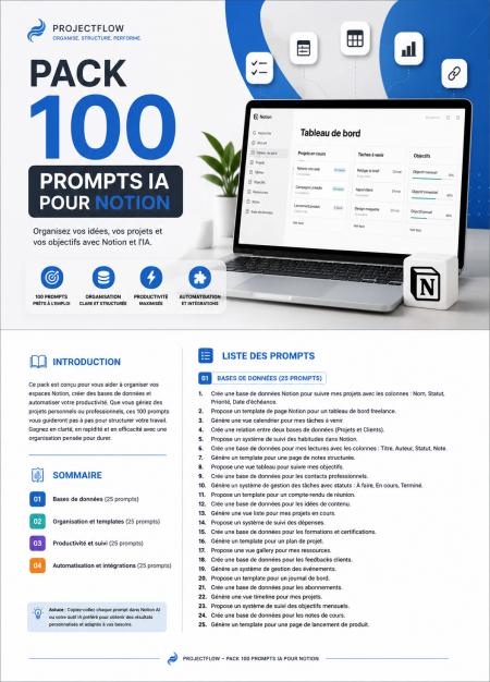 ProjectFlow-Pack 100 Prompts IA pour Notion